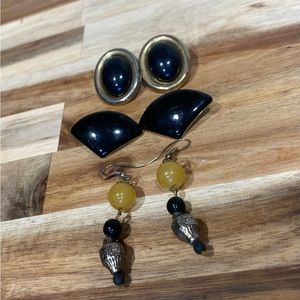 3 Pair Vintage Black Costume Jewelry Earrings